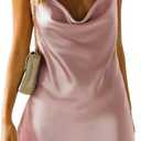 Women's Satin Mini Dress Cowl Neck Tie Waist Cocktail Short Dresses | Spaghetti Straps, Sleeveless, Draped Neckline, Smooth Fabric, Party, Wedding Guest, Fall Dress (Pink, S)