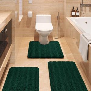 Christmas Striped Deep Green Bathroom Rug Set 3 Pieces Ultra Soft, Non Slip Chenille Bath Carpet, Absorbent Plush Shaggy Bath Mats for Bathroom, Toilet, Bedroom, Kitchen