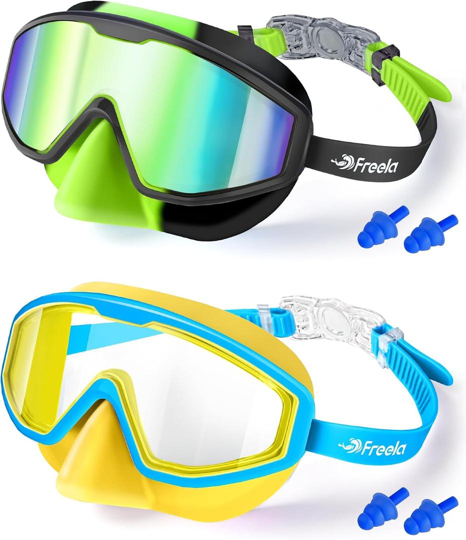 Freela 2 Pack Kids Swim Goggles for 3-12 with Nose Cover, 180 Wide View Anti-Fog UV Swimming Goggles for Toddler Boys Girls