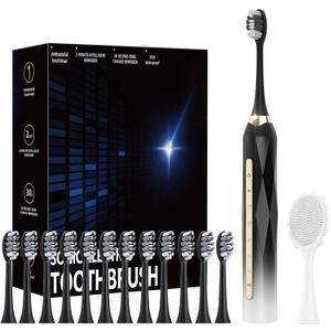 Adult Sonic Electric Toothbrush, USB Rechargeable Sonic Toothbrush, with 12 Brush Heads, 5 Modes, Equipped with Cleaning Brush, Brushing and Washing Two in one (Black White)