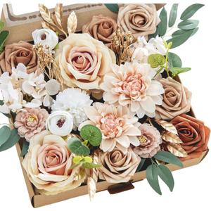 MISSPIN Artificial Flowers DIY Box Set Fake Roses Bouquet Bridal Wedding Flowers Colorful Centerpiece Table Decorations Boho Faux Floral with Stems Arrangements for Cake Home Party Indoor Outdoor (Nude Color)