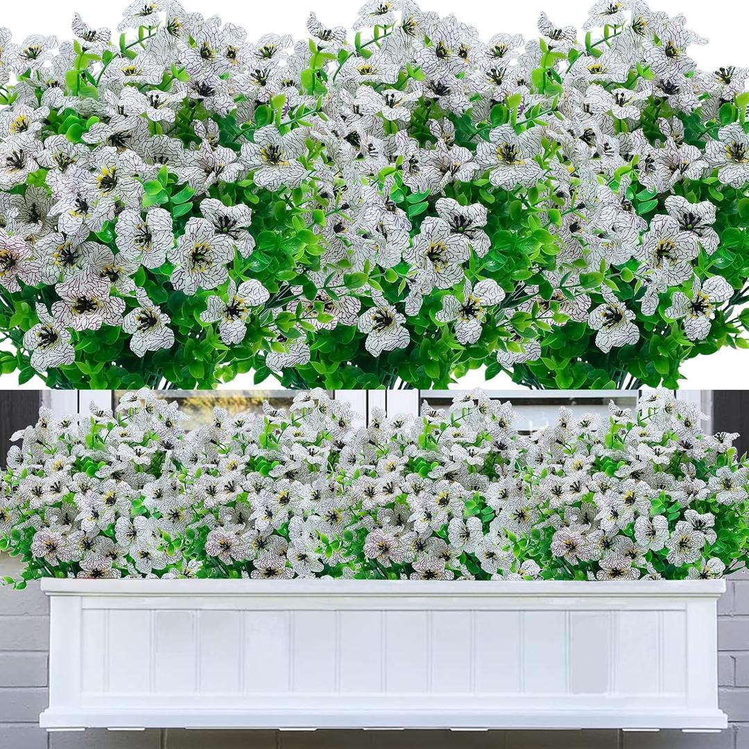 Fake Flowers Outdoor,20 Bundles UV Resistant Artificial Flowers No Fade Outdoor Faux Plastic Plants for Garden Porch Window Box Outside Decor(White)