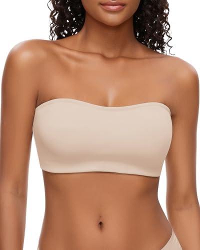 WOWENY Strapless Bra for Women Seamless Non-Slip Silicone Padded Bandeau Bra Comfortable Wireless Tube Top Bralette(Beige-2125,S), Small