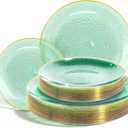 Lullaby 60pcs Green Plastic Plates with Gold Rim, Includes 30pcs Dinner Plate 10'' and 30pcs Clear Dessert Plate 7.5'', Green Disposable Plastic Plates for Parties, Birthdays and Wedding