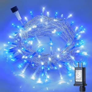 Hopolon Blue and White Christmas Lights Outdoor, 33FT 100 Led Plug in Fairy String Lights Clear Wire, 8 Modes Waterproof Christmas Tree Lights for Indoor Outside Bedroom Yard Garden Party Wedding