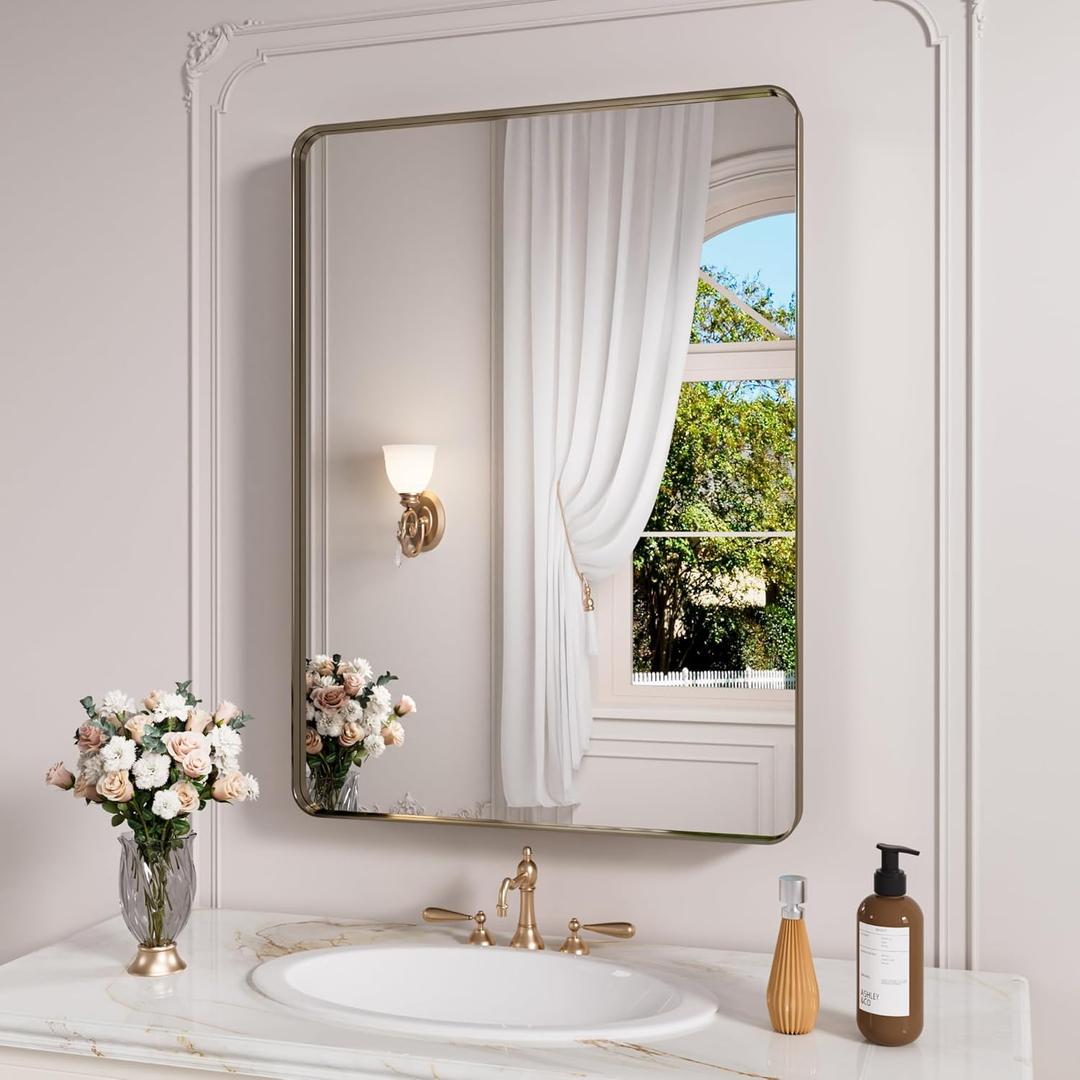 JISOSO Bronze Bathroom Mirror 22x30 Inch, Brushed Bronze Metal Frame Mirror for Wall, Rounded Rectangle Bathroom Vanity Mirror with Tempered Glass, Anti-Rust, Horizontal/Vertical