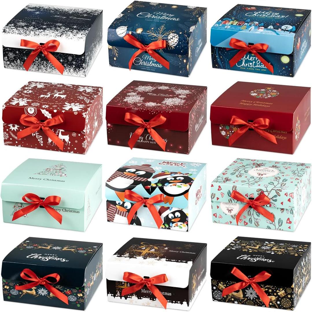 ARTLYMERS Christmas Gift Boxes with Lids, 12 Pack Gift Box and Red Ribbon Christmas Themed Pattern Small Gift Boxes for Xmas Presents Gifts Easy Assemble
