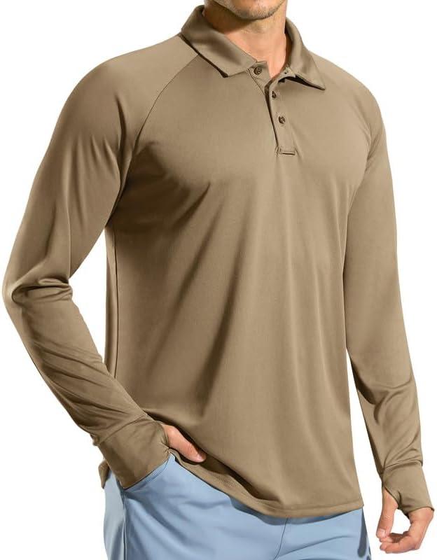 Pudolla Men's Long Sleeve Golf Polo Shirt UPF 50+ Lightweight Sun Protection Cool SPF Hiking Shirts for Men (Medium, Khaki)
