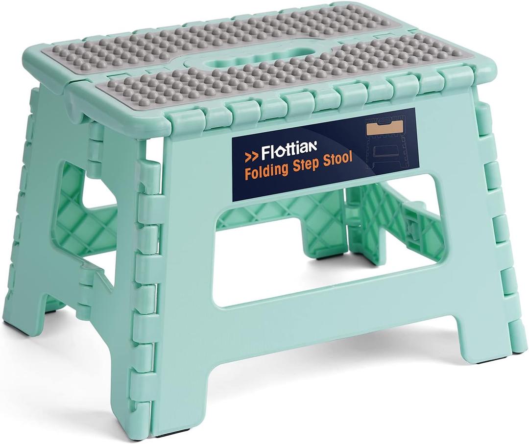 Flottian 9" Folding Step Stool for Adults and Kids Holds Up to 300 lbs,Non-Slip Folding Stools with Portable Handle, Compact Plastic Foldable Step Stool for Bathroom,Bedroom, Kitchen Teal