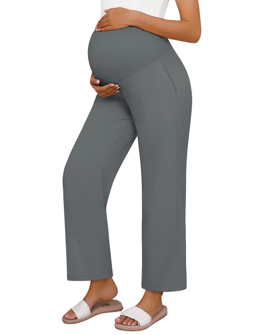 Huukeay Women's Cotton Linen Blend Maternity Pants, High Waisted Lounge Pregnancy Pants Over the Belly Trousers with Pockets(Gray,Small) (Gray)