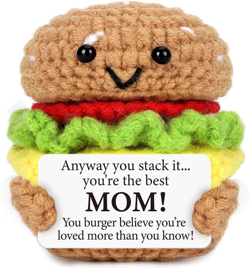 3 x Mini Birthday Gifts for Mom from Daughter Son Handmade Crochet Burger | Fall Gift for Mother New Mommy Wife Bonus Step Moms Mother In Law Funny Mothers Day Thank You Ideas Best Ever Mom Gifts