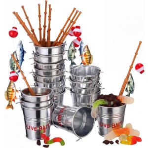 Soulchen 24 Pcs Mini Fishing Birthday Party Decorations Include 12 Fish Cupcake Pole Picks 12 Mini Tackle Live Bait 12 Bobber for Gone Fishing Theme Supplies Ocean Party Cake Decoration