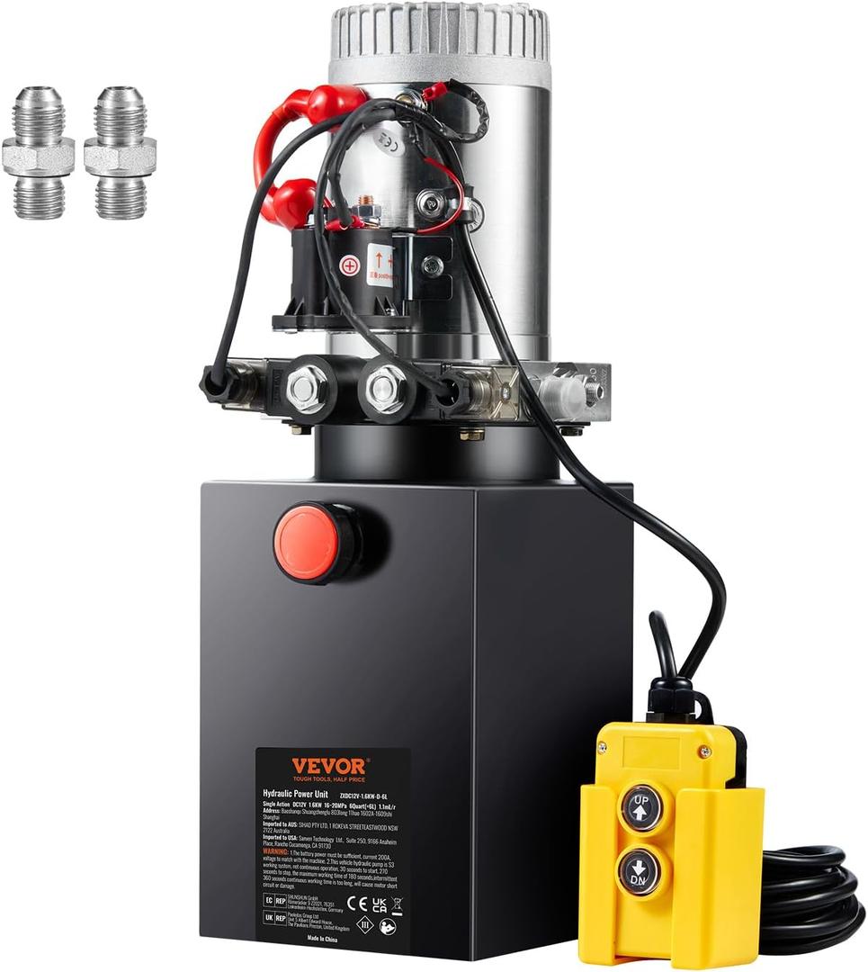 VEVOR 6 Quart Power Unit Double Acting, 3200 PSI Max Relief Pressure, DC 12V Hydraulic Pump for Dump Trailer Car Lifting