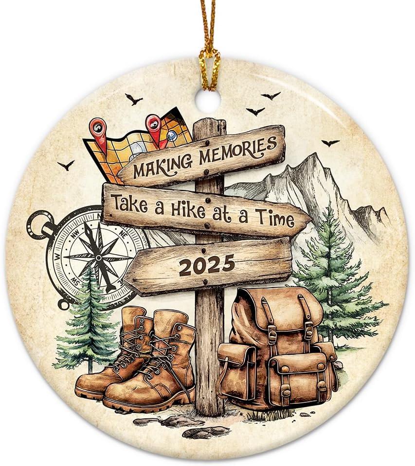 2 x Hiking Christmas Ornament 2025 - Double-Sided Ceramic Hiker Ornament for Christmas Tree, Gifts for Hikers, Outdoor Adventure Lovers, Women & Men, Hanging Xmas Decoration, Holiday Keepsake