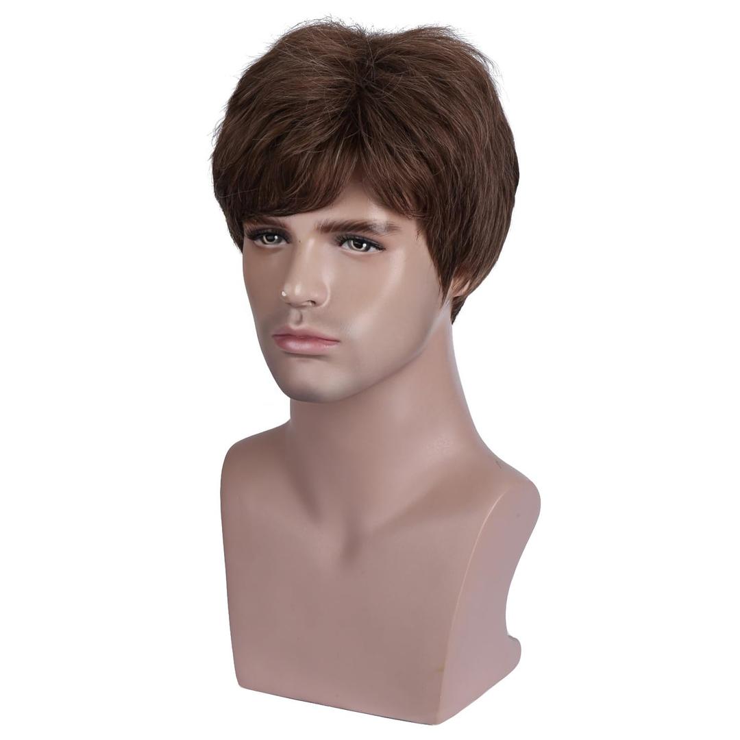 BERON Men's Brown Wig Short Straight Male Heat Resistant Daily Wear Costume Synthetic Wigs Come with Wig Cap