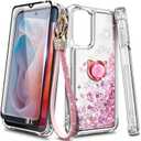 Compatible with Motorola Moto G-Stylus-5G-2024 Case, Rose Gold | Glitter Bling Sparkly Liquid Cute Phone Cover with Tempered Glass Screen Protector/Ring Holder/Diamond Wrist Strap Lanyard