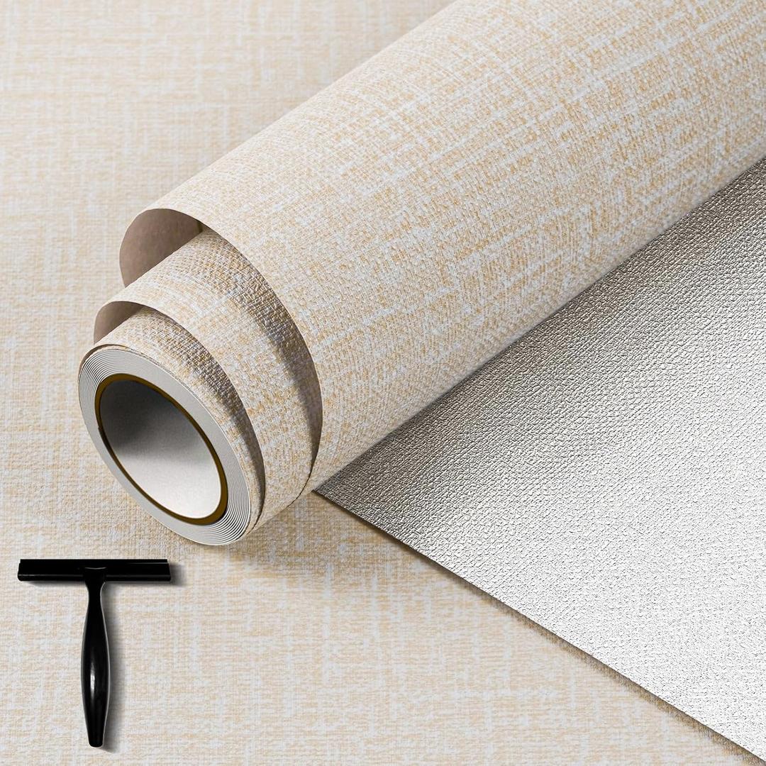 WADILE Wallpaper Peel and Stick for Cabinets and Removable Wall Paper, Texture Adhesive Removable Contact Paper for Bathroom Garage Living Room 196.9  15.8 Beige