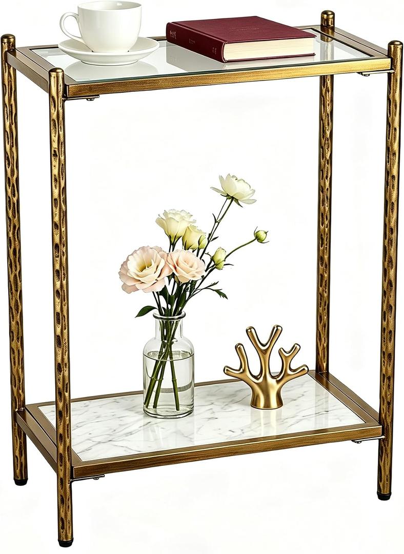 Metal Skinny Side Table with Glass Top & Marble Shelf, Antique Gold Slim End Table with Hammered Frame, Narrow Small Accent Table for Small Spaces, Living Room, Bedroom, 17.5 x 9.1 x 23.6 inches