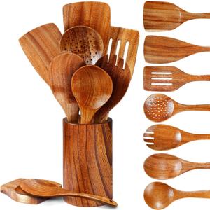 Pleafind Natural Teak Wooden Utensil Set - 9 Pcs, Wooden Spoons for Cooking, Wooden Cooking Utensils Set with Holder  Spoon Rest, Soft Comfort-Grip Wood Kitchen Utensil Set for Non-Stick Cookware