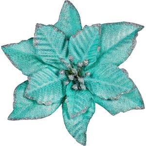 Winlyn 24 Pcs Teal Glitter Artificial Christmas Poinsettia Flowers Picks Christmas Tree Ornaments for Teal Blue Christmas Tree Wreaths Garland Holiday Seasonal Wedding Decor White Gift Box Included