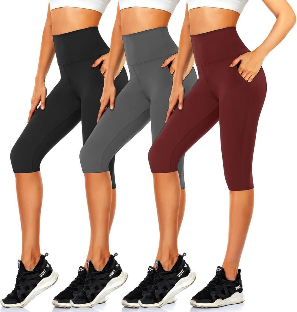 Women's Knee Length Leggings-High Waisted Capri Pants Biker Shorts for Women Yoga Workout Exercise Short Casual Summer (A4-black/Gray/Wine(pockets)) Large-X-Large