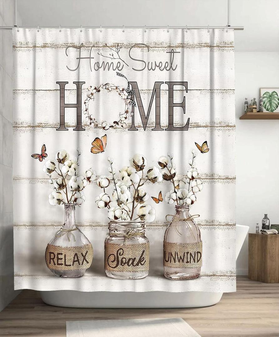 Tijuboni Farmhouse Shower Curtain Cotton Flowers Shower Curtains for Neutral Country Bathroom Decor Rustic Shower Curtain Set Waterproof Polyester Fabric 72 x 72 Inch