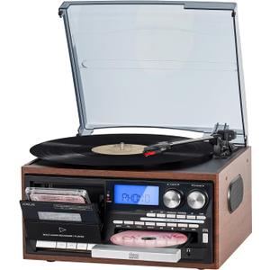 9-in-1 Record Player Bluetooth Turntable with Built-in Stereo Speakers, AM/FM Radio, CD & Cassette Player, USB/SD Playback, Remote Control for Vinyl Lovers and Music Enthusiasts (Dark Brown-2)