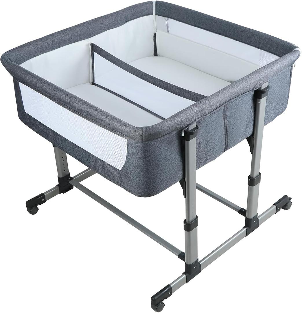 Twin Bassinet for 2 Babies, 6-Height Adjustable Bedside Attaches to Adult Bed, Inclined Crib to Reduce Spit-Up, Holds 88lbs with Wheels, Tool-Free Setup,Removable Mattress (Dark Gray)