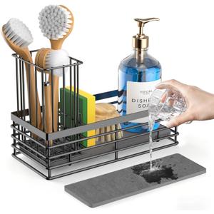 Yofidra Sponge Holder for Kitchen Sink, Sink Caddy Organizer with Stone Drying Mat, Kitchen Countertop Organizers and Storage Essentials, 304 Stainless Steel (Black, 9.3)