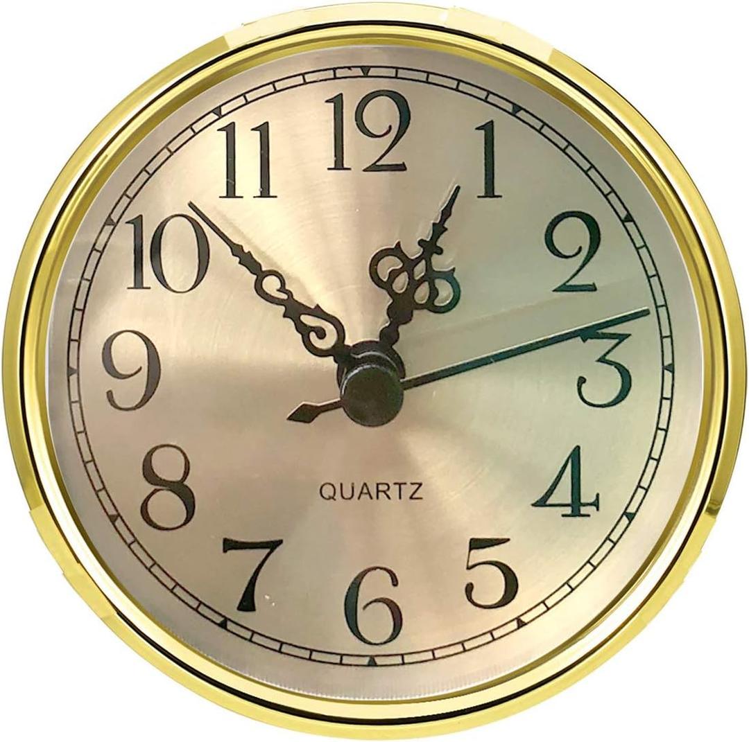 HILLHOME Mini Clock Insert 3-1/ 2 Inch (90 mm) Round Quartz Clock Fit-up Movement Miniature Clock Gold Dial Gold Tone Bezel Arabic Numerals, Fit 3.0 inch (78 mm) Diameter Hole (Gold)