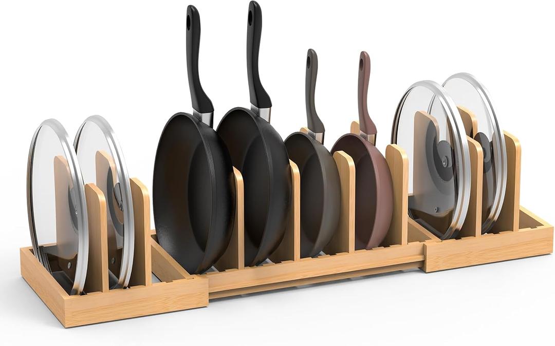 Expandable Pot Lid Organizer with 8 Adjustable Dividers, Bamboo Pots and Pans Organizer Under Cabinet, Kitchen Cookware Holder Rack