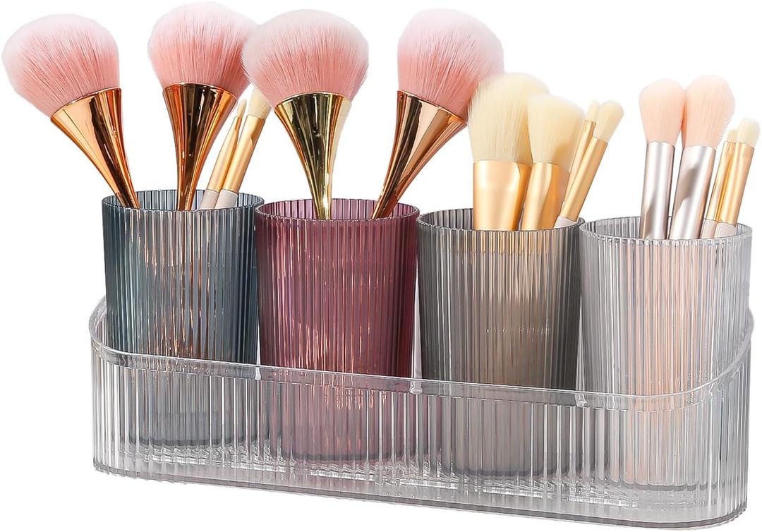 DASITON Makeup Brush Holder Organizer with 4 Cup, Vintage Striped Make Up Brush Holder for Vanity, Bathroom Toothbrush Holders, Acrylic Cosmetic Brushes Storage Organizer Pen Holder (Clear+Multicolor)