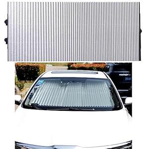 Car Retractable Windshield Sun Shade, Large Sunshade Protector Blocks 99% UV Rays to Keep Your Car Cool, Reflective Auto Sun Visor Fits Front Window of Various Models with Suction Cups