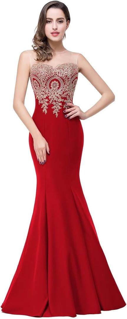 Babyonline Women's Lace Applique Long Formal Mermaid Evening Prom Dresses (Large, Red)