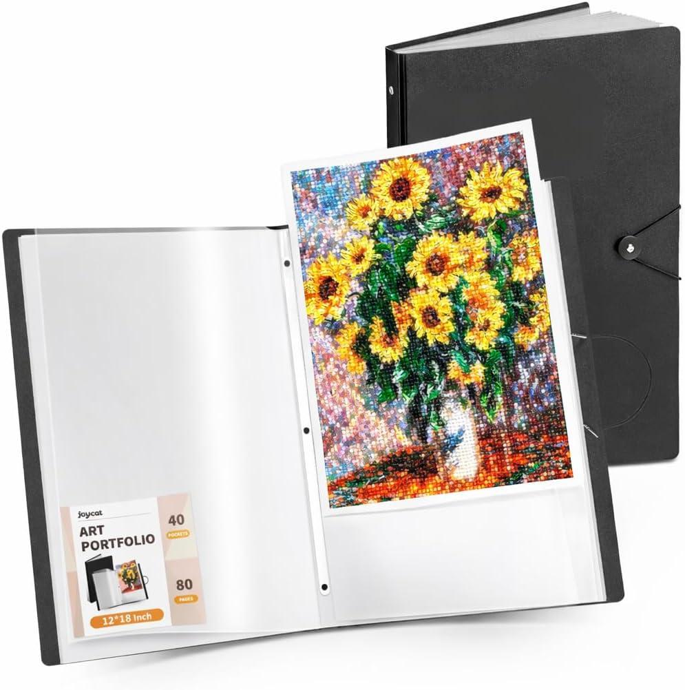 JoyCat Art Portfolio Binder Fits 12"x18" for Diamond Art Painting, 40 Pockets Slevees Protectors Art Folder with Clear View Pages, 80 Sheets Presentation Binder for Artists and Students (Black)