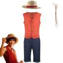 Luffy Cosplay Costume - Red Vest, Shorts, Hat & Rope - Anime Outfit for Men & Kids - Halloween Party & Cos Gifts M
