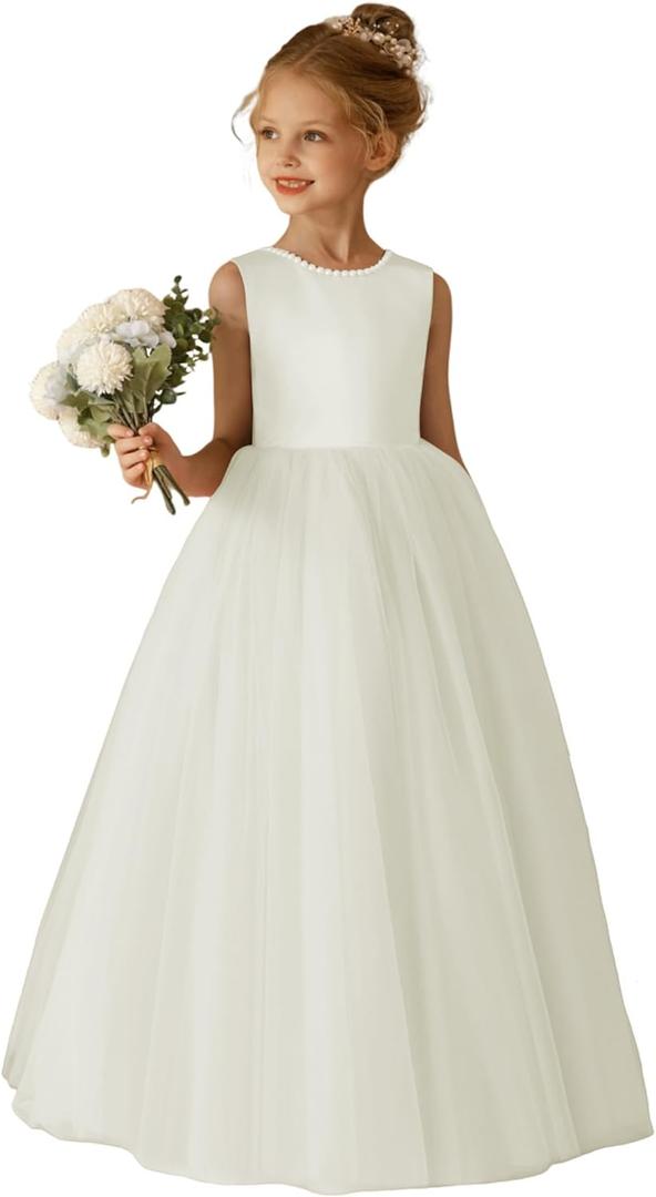 O-Neck Flower Girl Dress Satin Tulle First Communion Dresses Wedding Party Gown Pearls with Bowknot (6)