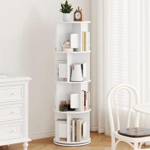Wooden Rotating White Bookshelf Tower - Solid Wood 4 Tier 51" H Tall Round Corner 360 Spinning Revolving Bookcase Modern Bookshelves for Small Space, Home Office, Bedroom, Kids Rooms