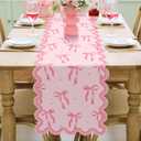 Pink Bow Table Runner 72 Inches Cute Heart Linen Fabric Scalloped Table Runner Coquette Dining Decor for Birthday Baby Shower Party Valentine's Home Decor(Bow B)