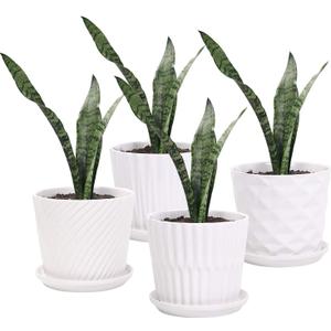 Plant Pots - 5.5 Inch Cylinder Ceramic Planters with Connected Saucer, Pots for Succuelnt and Little Snake Plants, Set of 4, White