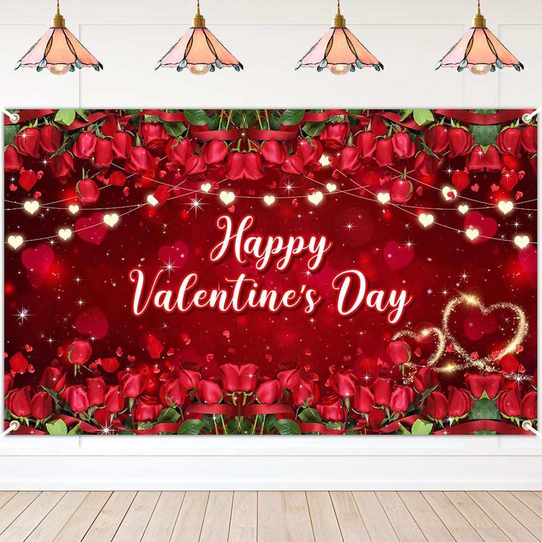 Avezano Happy Valentine's Day Backdrop Red Rose Floral Valentines Day Banner Wedding Decor Photo Booth Props 14 February Party Decorations Backdrops (6x3.6ft)