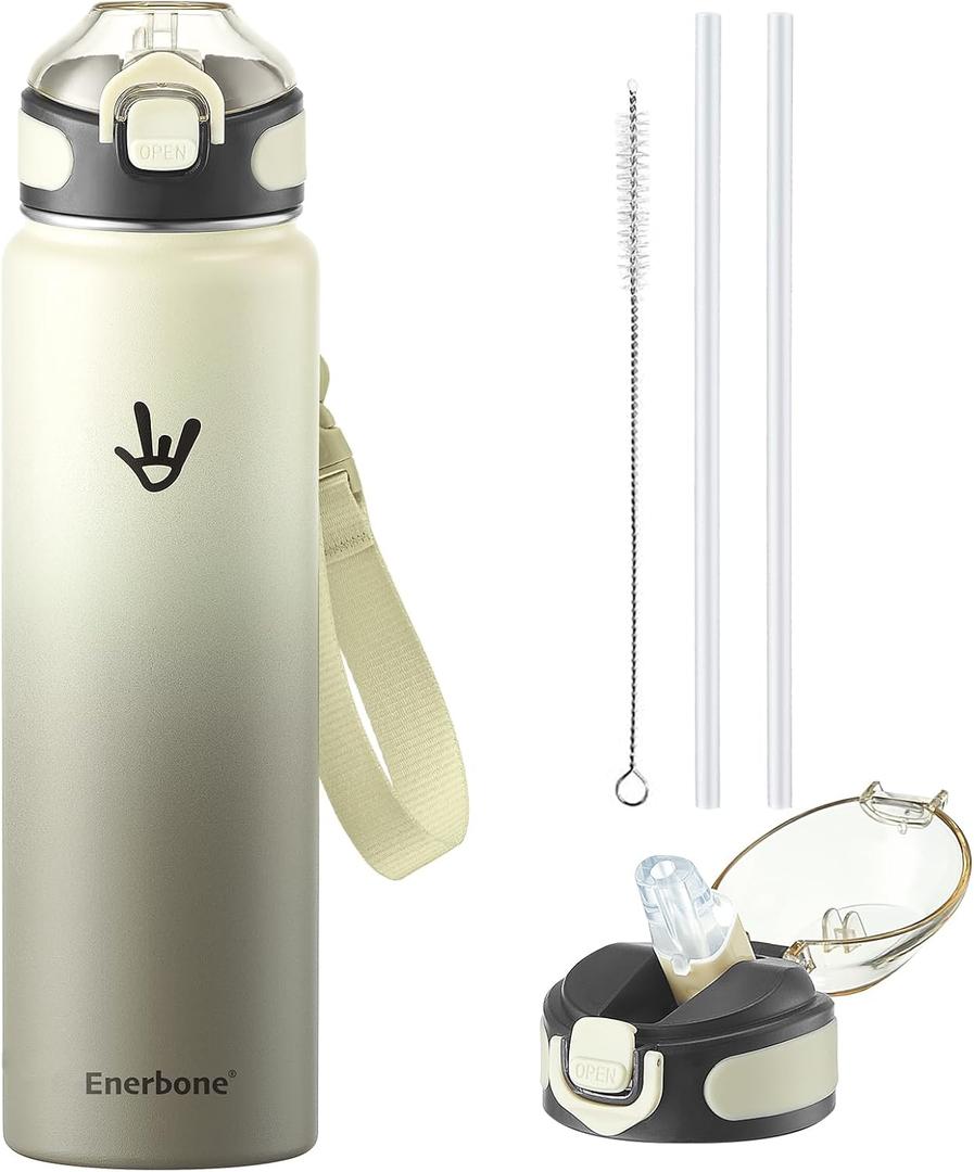 Enerbone 32 oz Insulated Water Bottle, Stainless Steel Bottle with Carrying Strap, Double-Wall Vacuum Insulation Design, Leakproof Sports Bottle with Straw, Keep Drinks Cold or Hot for Hours (Mist)