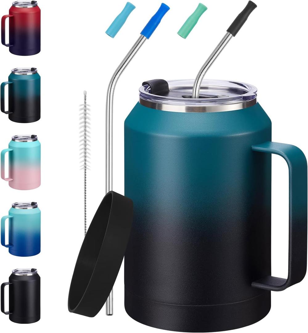 32/50oz Mug Tumbler with Handle and Straw - 32 oz Stainless Steel Wide Mouth Travel Coffee Cups w/ Lid, Reusable Home Office Work Mugs, Double Wall Vacuum Insulated Bottle Keep Cold 36 Hrs Hot 24 Hrs (Indigo Black)