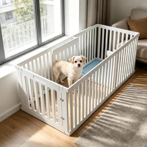 25.6" H Indoor Dog Playpen, 14 Panels, White | Open View, Modern Home Fit, No Climbing Bars, Tool-Free Setup, For Puppies & Small Dogs