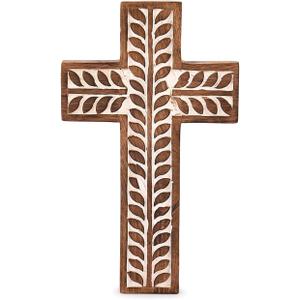 NIRMAN Mango Wood Religious Catholic Cross Wall Hanging Floral Carvings Living Room Home Dcor for Entryway Office Living Room (10" x 6" x 0.75")