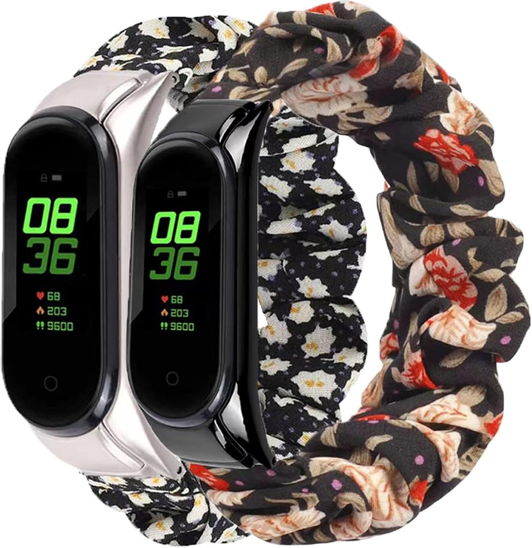 2 Packs Compatible with Amazfit Band 5/ Mi Band 5/ Mi Band 6 Bands for Women Girl, Scrunchies Cloth Soft Pattern Printed Fabric Wristband Bracelet Elastic Straps for Amazfit Band 5 Fitness Tracker