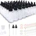 48 Pack 1oz Clear Glass Bottles with Glass Eye Droppers for Essential Oils, Perfumes & Lab Chemicals (Brush, Funnels, 2 Extra Droppers, 54 Pieces Labels & 30ml Measuring Cup Included)