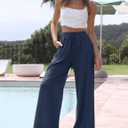 Faleave Women's Cotton Linen Summer Palazzo Pants Flowy Wide Leg Beach Trousers with Pockets (Blue, L)