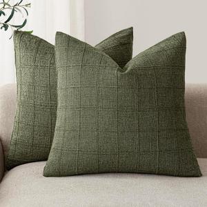 Foindtower Boho Linen Check Decorative Throw Pillow Cover 20×20 Olive Green