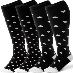 2 Pairs Bamboo Plus Size Compression Socks Wide Calf for Women and Men 15-20 mmHg Knee High Support Stockings for Circulation (3X-Large, L4- Dots/Hearts Black)